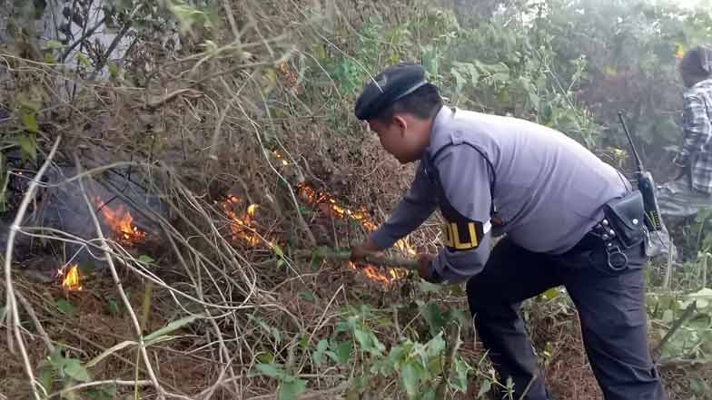 Petugas sedang memeriksa sisa kebakaran hutan di Gunung Salasih, Desa Karangk Tunggal, Kec. Paseh, Kab. Bandung.