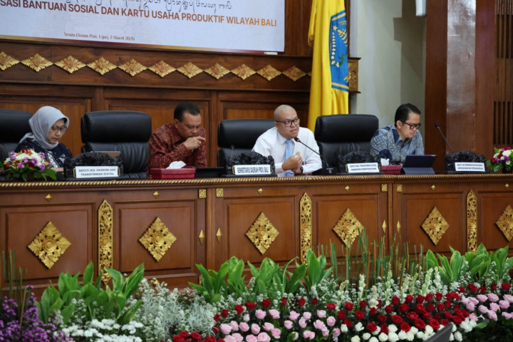 melaksanakan kegiatan Penguatan Implementasi Kartu Sejahtera, Dalam Uji Coba Digitalisasi Bantuan Sosial dan Kartu Usaha Produktif Wilayah Bali, di Wisma Sabha Kantor Gubernur Bali. 