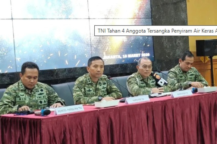 Mabes TNI menggelar Jumpa Pers terkait pemeriksaan dugaan pelaku penyiraman air keras kepada Andrie Yunus, di Mabes TNI, Rabu, 18 Maret 2026.