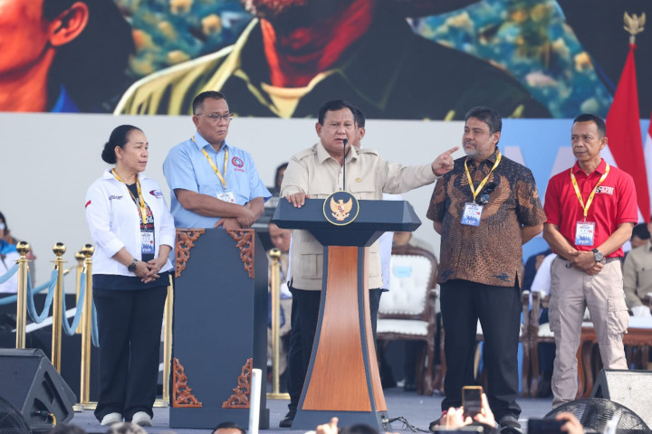 Presiden Prabowo menghadiri Peringatan Hari Buruh Internasional, di Lapangan Monas, Jakarta,Jum'at, 1 Mei 2026.