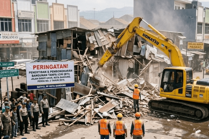 Pemerintah Kota (Pemkot) Bandung menertibkan puluhan bangunan liar yang berdiri di sepanjang kawasan Jalan Dipatiukur, Kota Bandung, pada Rabu (24/6/2026). 