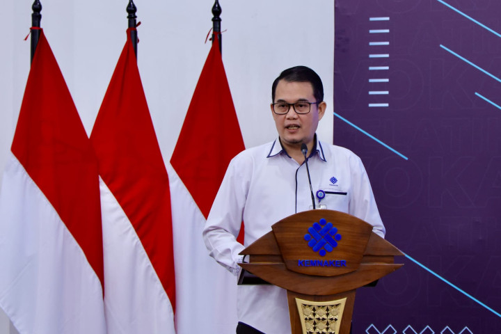 Direktur Jenderal Pembinaan Pelatihan Vokasi dan Produktivitas (Binalavotas) Kemnaker Darmawansyah memberikan keterangan terkait dengan pendaftaran Pelatihan Vokasi Batch IV, di Kemnaker,Senin, 3 Agutus 2026.