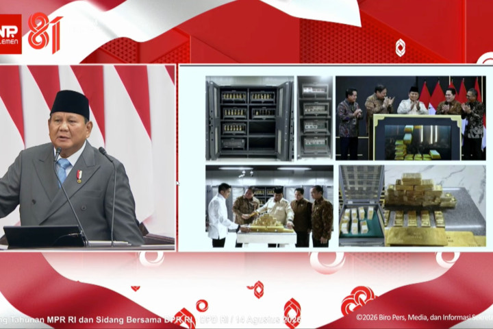 Prabowo Subianto mengapresiasi pertumbuhan kinerja PT Pegadaian (Persero) dalam Pidato Presiden RI pada Sidang Tahunan MPR RI dan Sidang Bersama DPR RI & DPD RI Tahun 2026 di Kompleks Parlemen, Senayan, Jakarta, Jumat (14/8).